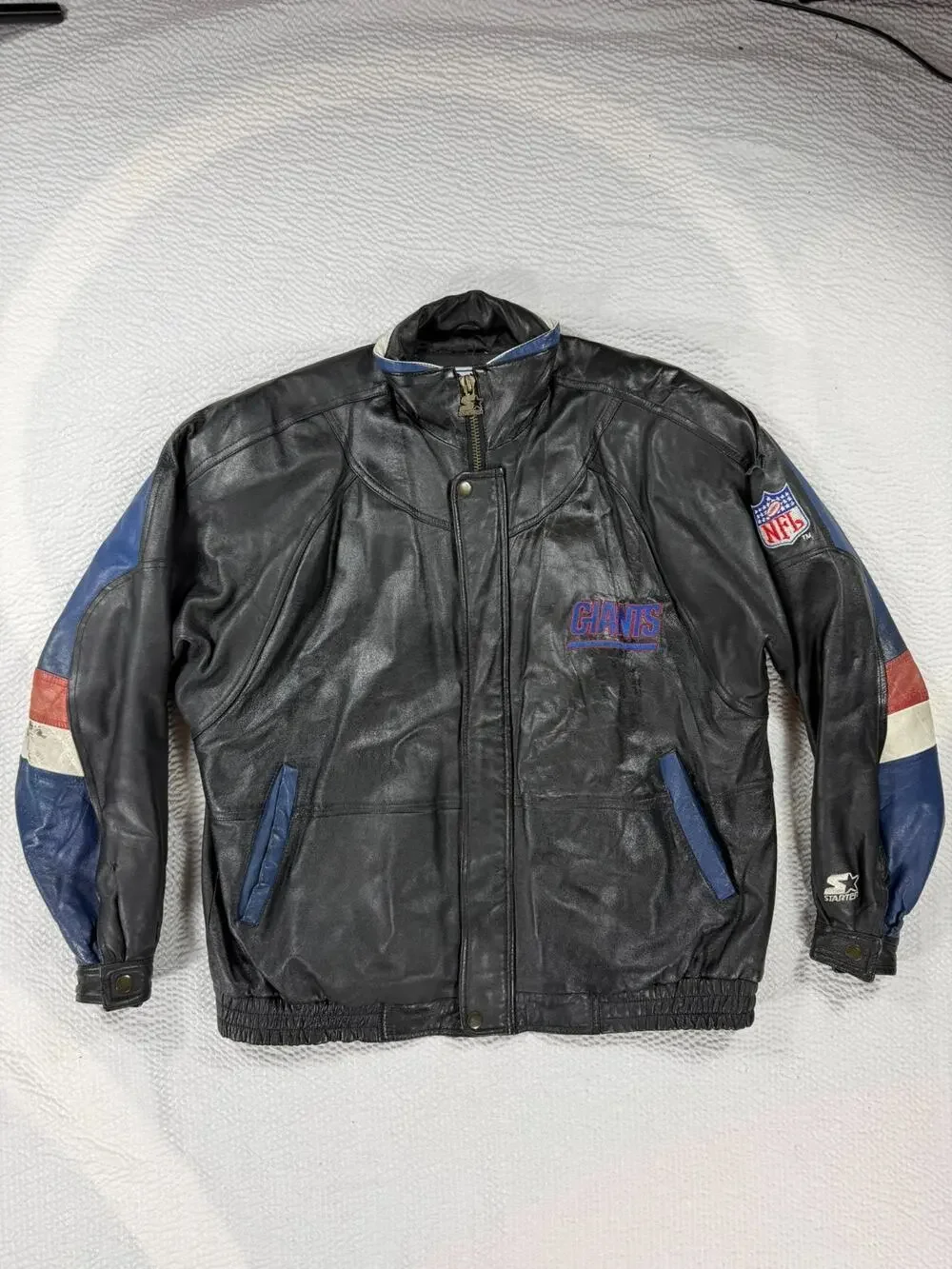 VINTAGE Starter Leather Jacket Mens Large New York Giants Black 90s NFL Football